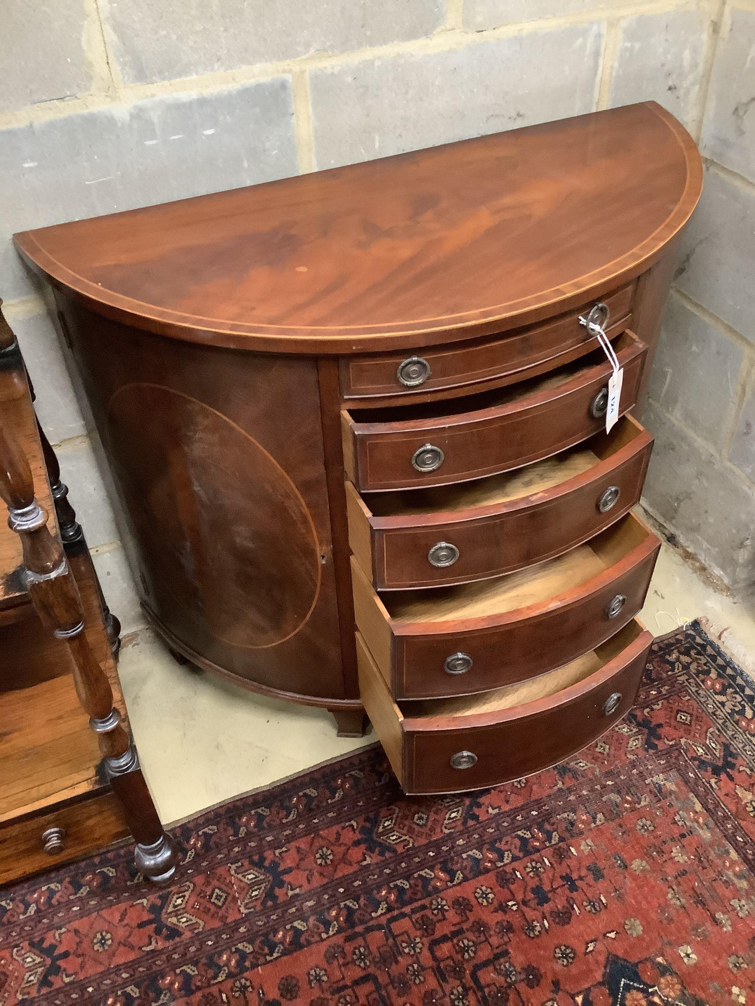 A Sheraton style inlaid demi-lune side cabinet, width 92cm, depth 42cm, height 78cm